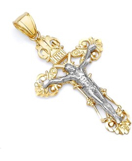 14k REAL Two Tone Gold Religious Jesus Crucifix Cross Charm Pendant