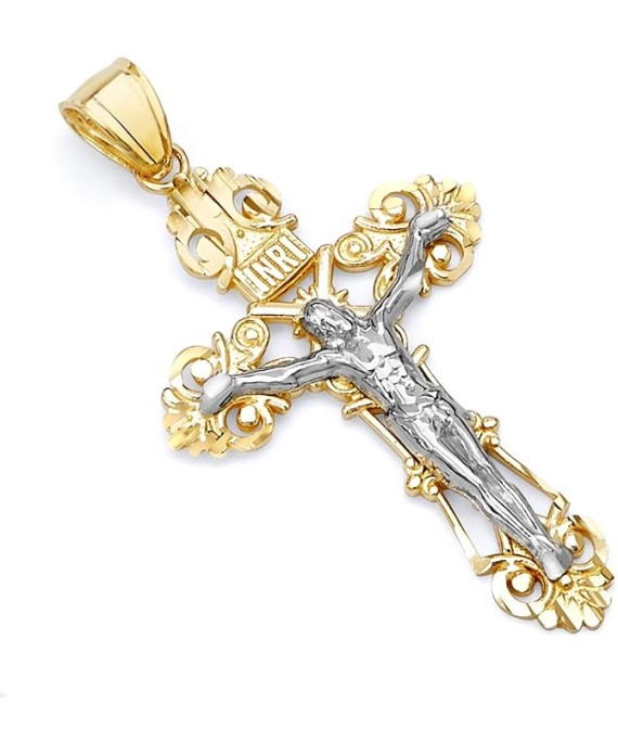14k REAL Two Tone Gold Religious Jesus Crucifix Cross Charm Pendant