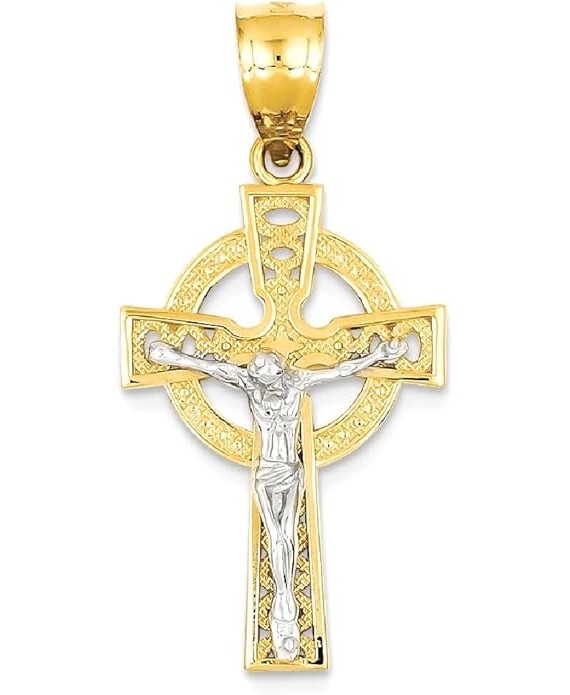 14K Solid Two Tone Gold Iona Lord Jesus Christ Crucifix Holy Cross Necklace Heart Love Irish Claddagh Celtic Religious Chain Pendant Charm Jewelry