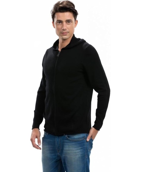 Men's Hoodie - Pure Cashmere Full-Zip Sweatshirt No Pockets Long Sleeves Hand-Knitted