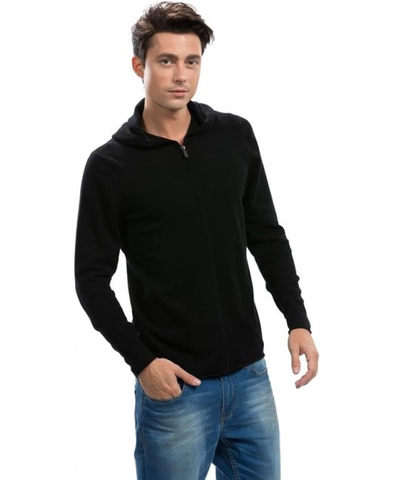 Men's Hoodie - Pure Cashmere Full-Zip Sweatshirt No Pockets Long Sleeves Hand-Knitted