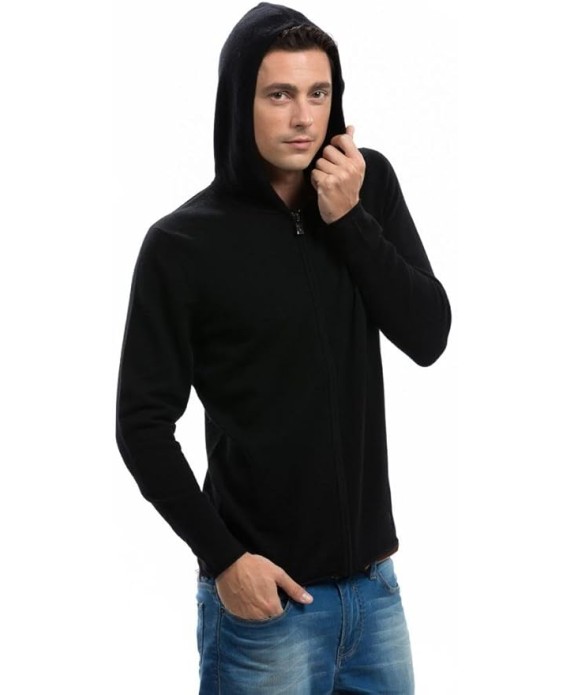 Men's Hoodie - Pure Cashmere Full-Zip Sweatshirt No Pockets Long Sleeves Hand-Knitted