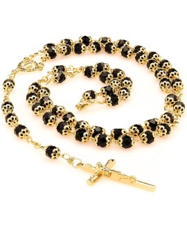 Rosary Necklace Black Crystal Prayer Beads 24K Real Gold Plated
