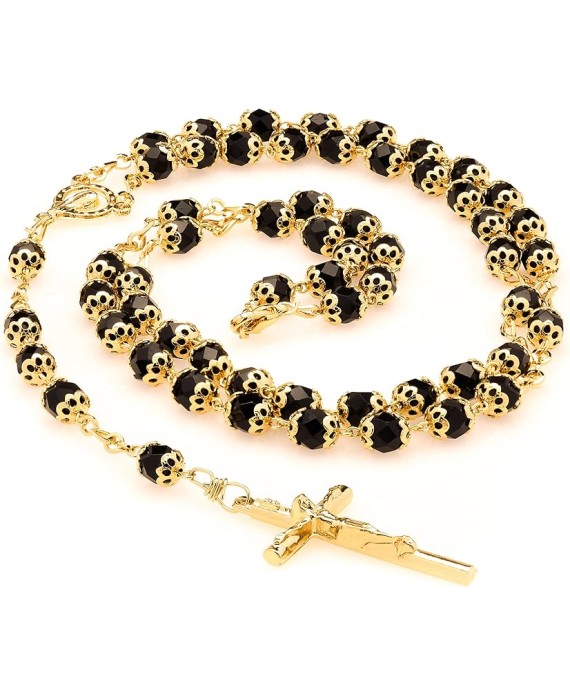 Rosary Necklace Black Crystal Prayer Beads 24K Real Gold Plated