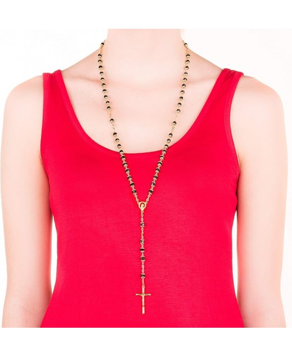 Rosary Necklace Black Crystal Prayer Beads 24K Real Gold Plated