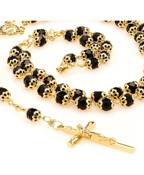 Rosary Necklace Black Crystal Prayer Beads 24K Real Gold Plated