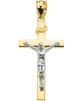 14K Two Tone Yellow & White Gold 1-1/4” INRI Crucifix Cross Pendant Charm
