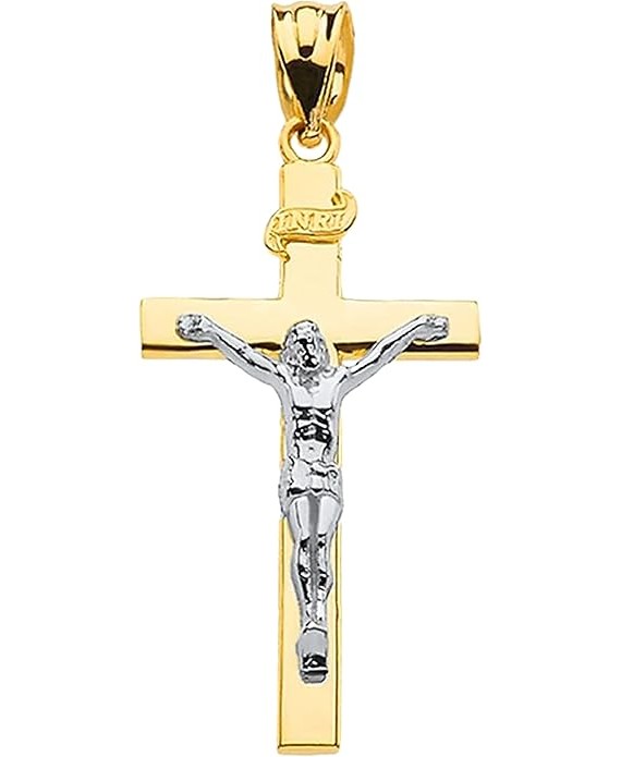 14K Two Tone Yellow & White Gold 1-1/4” INRI Crucifix Cross Pendant Charm