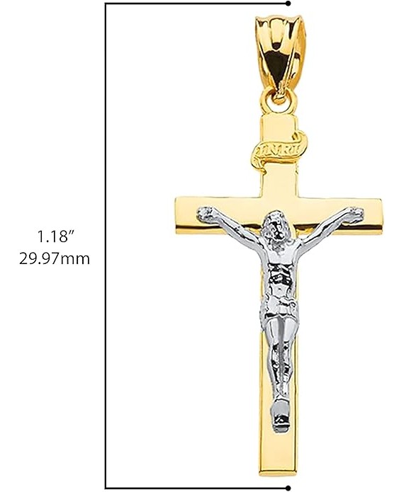 14K Two Tone Yellow & White Gold 1-1/4” INRI Crucifix Cross Pendant Charm