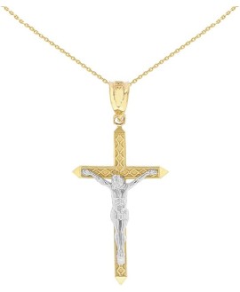 10k Two-Tone Gold Passion Catholic Cross Crucifix Charm Pendant Necklace (1.23"), 18"