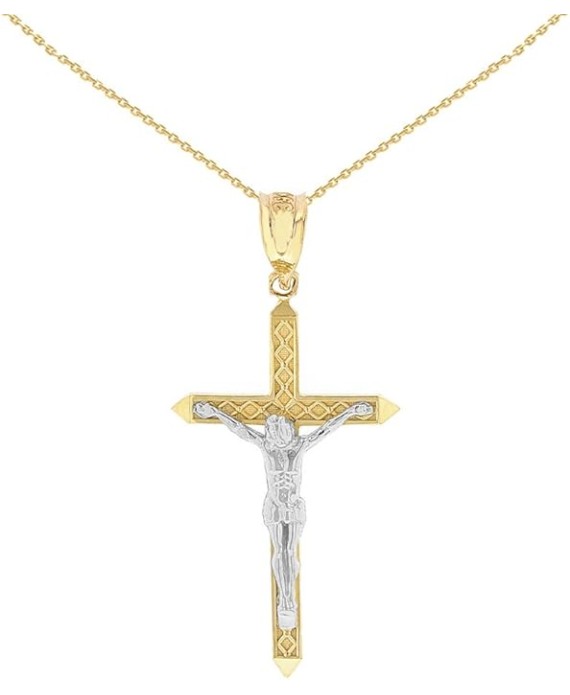 10k Two-Tone Gold Passion Catholic Cross Crucifix Charm Pendant Necklace (1.23"), 18"