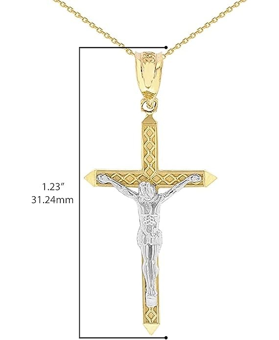 10k Two-Tone Gold Passion Catholic Cross Crucifix Charm Pendant Necklace (1.23"), 18"