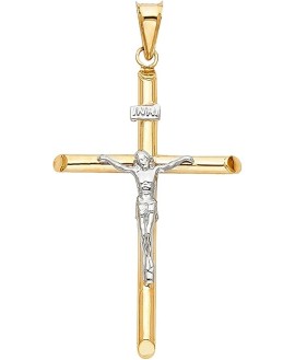 14K Two Tone Gold Crucifix Cross Charm Pendant - Jesus Engraved Cross Pendant - Features Polished Finish - Spiritual Symbol for Christianity - Great Gift for Men & Women, 1.7 Grams, 50 x 25 mm