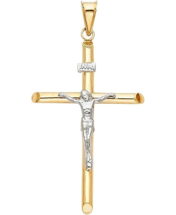 14K Two Tone Gold Crucifix Cross Charm Pendant - Jesus Engraved Cross Pendant - Features Polished Finish - Spiritual Symbol for Christianity - Great Gift for Men & Women, 1.7 Grams, 50 x 25 mm