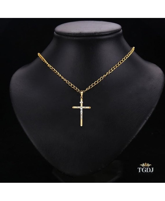 14K Two Tone Gold Crucifix Cross Charm Pendant - Jesus Engraved Cross Pendant - Features Polished Finish - Spiritual Symbol for Christianity - Great Gift for Men & Women, 1.7 Grams, 50 x 25 mm
