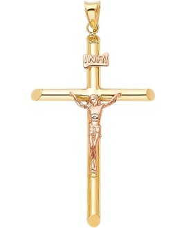 Solid 14K Yellow Rose Gold Crucifix Pendant - Two Tone Jesus Cross Charm Religious Pendant - Suitable for Men & Women - Great Gift for Christmas & All Occasion