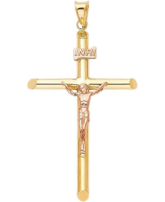Solid 14K Yellow Rose Gold Crucifix Pendant - Two Tone Jesus Cross Charm Religious Pendant - Suitable for Men & Women - Great Gift for Christmas & All Occasion