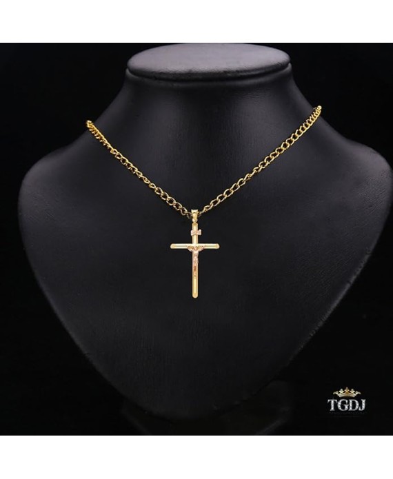 Solid 14K Yellow Rose Gold Crucifix Pendant - Two Tone Jesus Cross Charm Religious Pendant - Suitable for Men & Women - Great Gift for Christmas & All Occasion