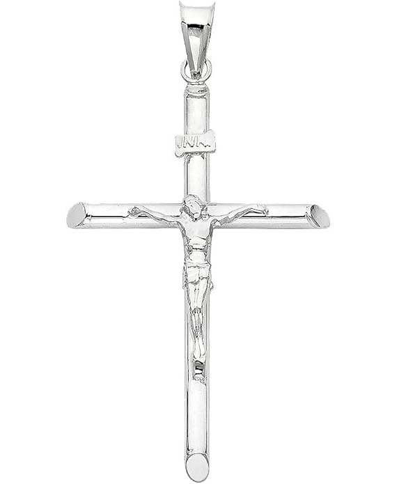 14K White Gold Crucifix Cross Charm Pendant, 42x 27 mm Crucifix Charm Polish Finish, Handmade Spiritual Symbol, Gold Stamped Fine Jewelry, Great Gift for Men & Women for all Occasions