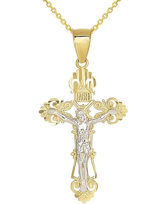 Solid 14K Two-Tone Gold Roman Catholic Cross Charm with Jesus INRI Crucifix Pendant Necklace