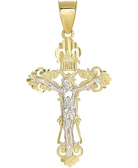 Solid 14K Two-Tone Gold Roman Catholic Cross Charm with Jesus INRI Crucifix Pendant Necklace