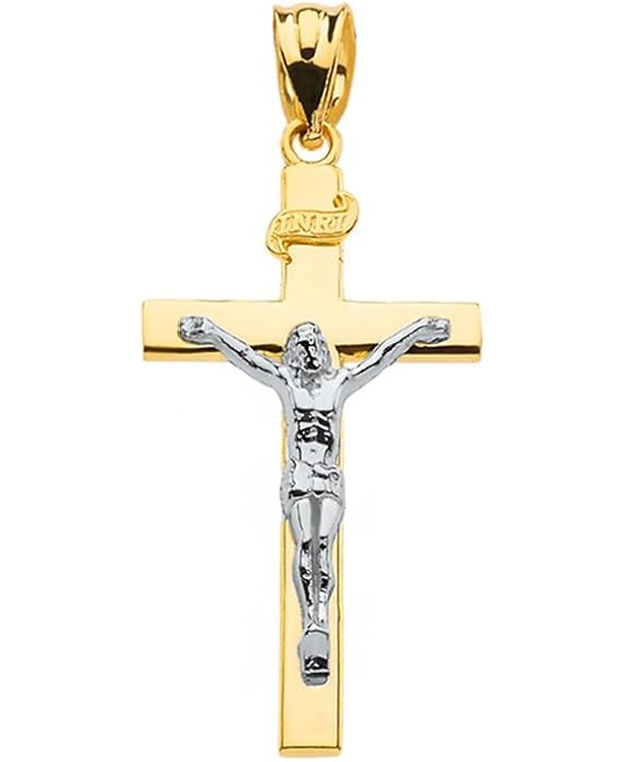 14k Gold Catholic Linear Cross INRI Crucifix Necklace Pendant Sizes (S-L)