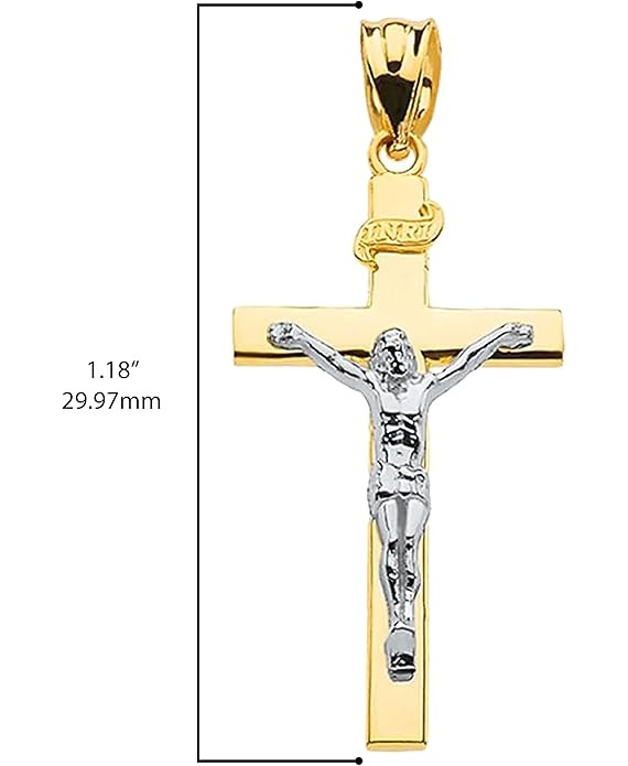 14k Gold Catholic Linear Cross INRI Crucifix Necklace Pendant Sizes (S-L)