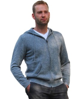 Men's Zip Hoodie Sweater 100% Cashmere Grey, Long Sleeve Jacket Front Pockets Knitted in 7 Gauge