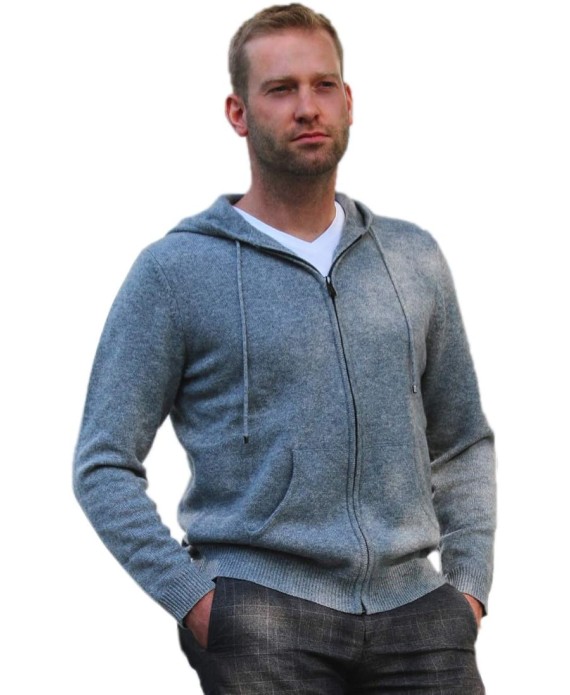 Men's Zip Hoodie Sweater 100% Cashmere Grey, Long Sleeve Jacket Front Pockets Knitted in 7 Gauge