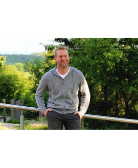 Men's Zip Hoodie Sweater 100% Cashmere Grey, Long Sleeve Jacket Front Pockets Knitted in 7 Gauge