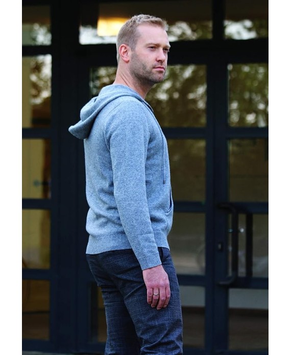Men's Zip Hoodie Sweater 100% Cashmere Grey, Long Sleeve Jacket Front Pockets Knitted in 7 Gauge