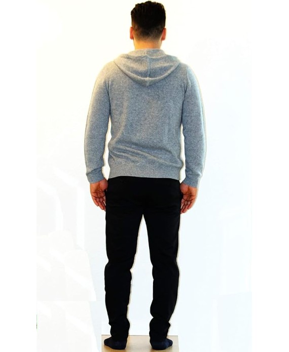 Men's Zip Hoodie Sweater 100% Cashmere Grey, Long Sleeve Jacket Front Pockets Knitted in 7 Gauge
