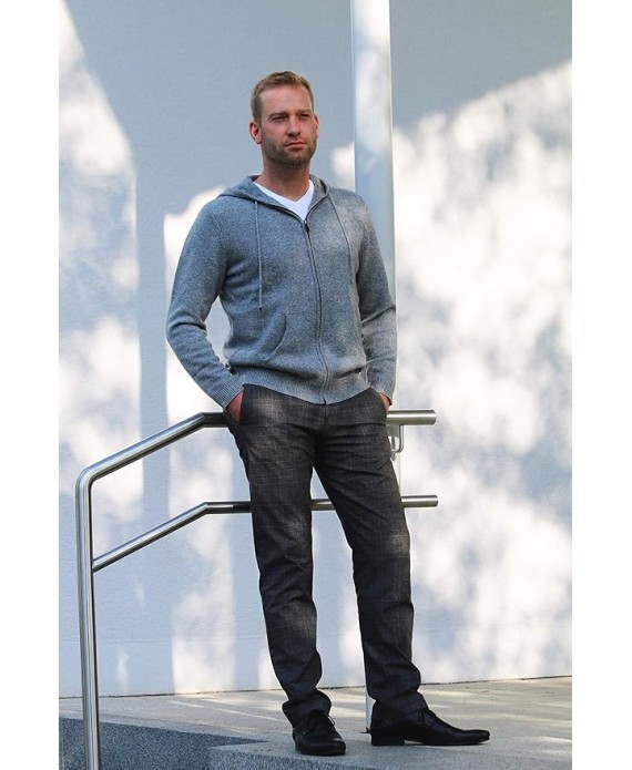 Men's Zip Hoodie Sweater 100% Cashmere Grey, Long Sleeve Jacket Front Pockets Knitted in 7 Gauge