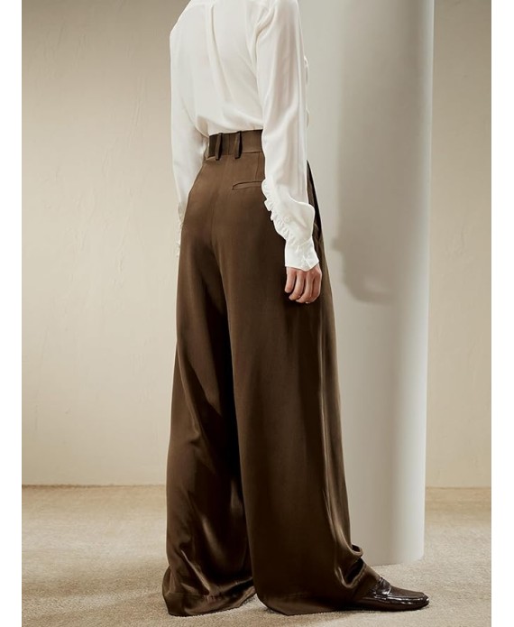 30 Momme 100% Mulberry Silk Pants for Women Staight High Waist Wide Leg Trousers for Business