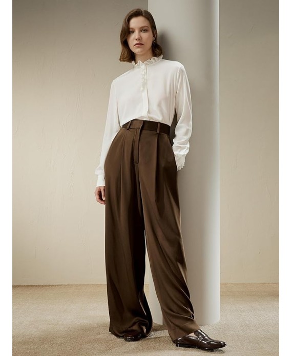 30 Momme 100% Mulberry Silk Pants for Women Staight High Waist Wide Leg Trousers for Business