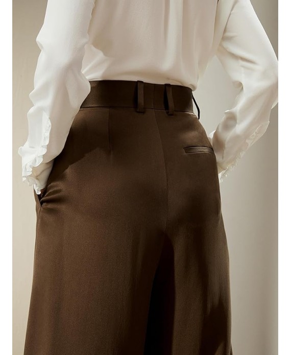 30 Momme 100% Mulberry Silk Pants for Women Staight High Waist Wide Leg Trousers for Business
