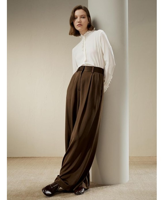 30 Momme 100% Mulberry Silk Pants for Women Staight High Waist Wide Leg Trousers for Business