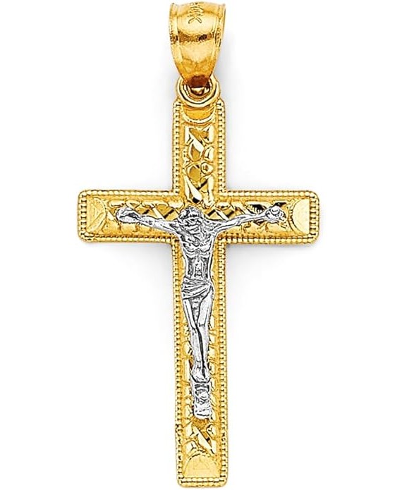 14k Two Tone Gold Crucifix Cross Religious Charm Pendant