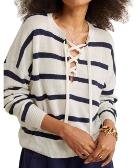 Women's Linen Cashmere Lace-up Crewneck Sweater