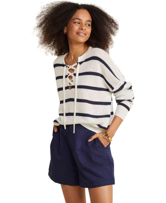 Women's Linen Cashmere Lace-up Crewneck Sweater