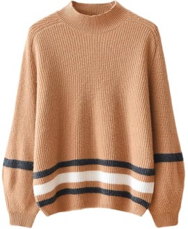 Women Mock Neck Cashmere Sweater Striped Soft Warm Casual Knit Pullover Basic Streetwear Knitwear
