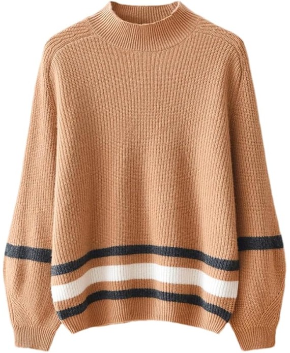 Women Mock Neck Cashmere Sweater Striped Soft Warm Casual Knit Pullover Basic Streetwear Knitwear