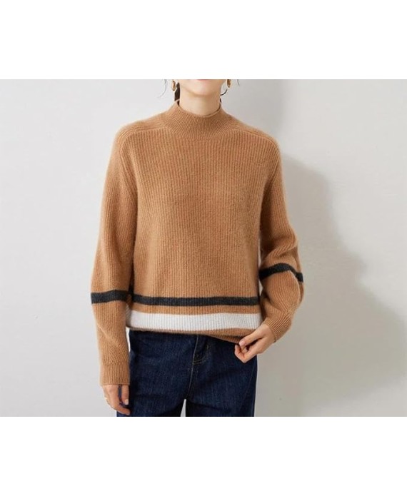 Women Mock Neck Cashmere Sweater Striped Soft Warm Casual Knit Pullover Basic Streetwear Knitwear