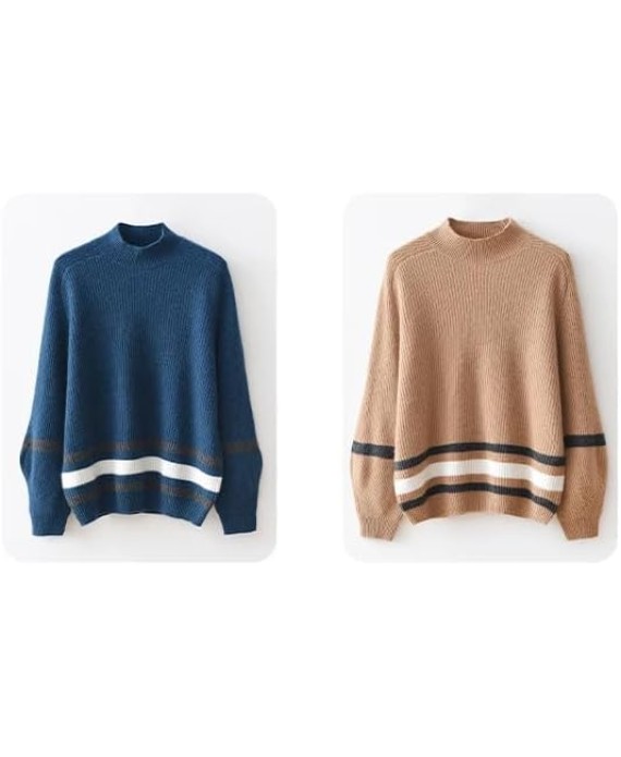 Women Mock Neck Cashmere Sweater Striped Soft Warm Casual Knit Pullover Basic Streetwear Knitwear