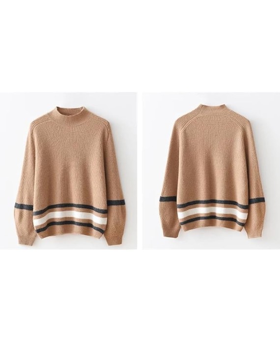 Women Mock Neck Cashmere Sweater Striped Soft Warm Casual Knit Pullover Basic Streetwear Knitwear