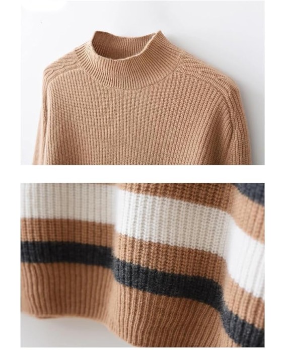 Women Mock Neck Cashmere Sweater Striped Soft Warm Casual Knit Pullover Basic Streetwear Knitwear