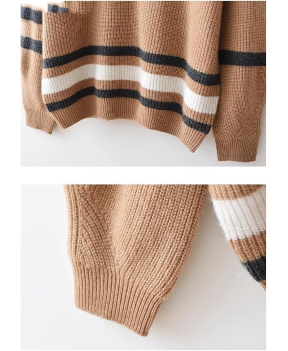 Women Mock Neck Cashmere Sweater Striped Soft Warm Casual Knit Pullover Basic Streetwear Knitwear