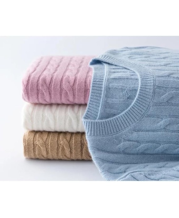Women Crew Neck Cashmere Sweaters Twisted Commute Knit Pullover Solid Textured Knitwear