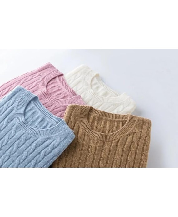 Women Crew Neck Cashmere Sweaters Twisted Commute Knit Pullover Solid Textured Knitwear