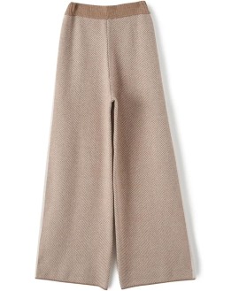Women Patchwork Wide Leg Pants Elastic High Waist Loose Warm Knit Long Trousers